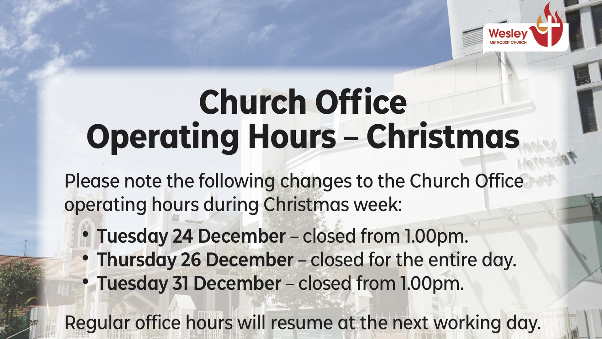 Church Office Operating Hours – Christmas 2024